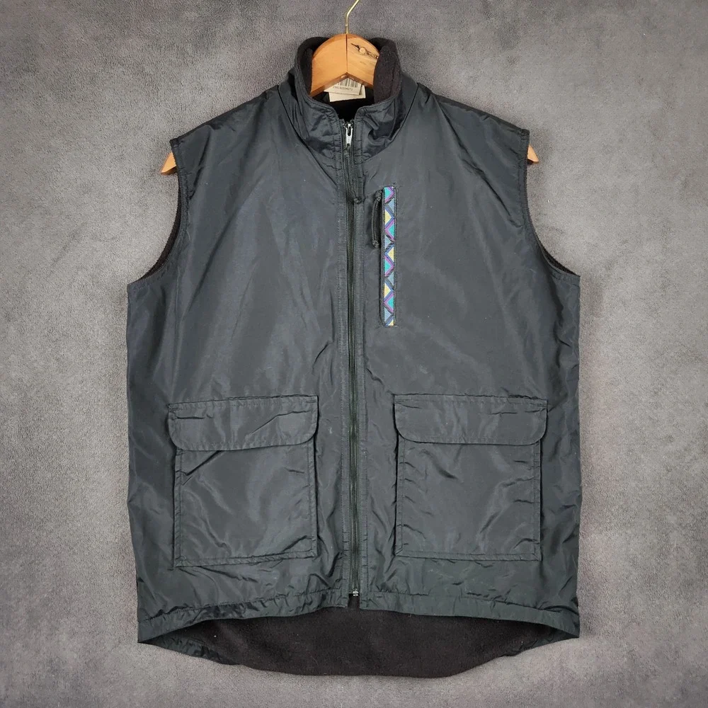 Vintage REI Fleece Lined Vest Kids Large 12/14 Black Aztec Trim Utility Gorpcore